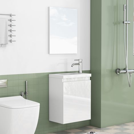 Mueble de baño blanco brillante de 40 cm con lavabo mural, espejo y cubeta de cerámica bisagras sin tiradores con cierre suave ahorra espacio totalmente premontado. (1/5)