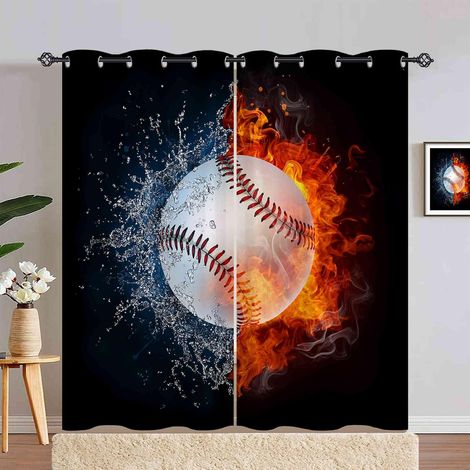 Rideau Occultant Sport Thème Flamme Baseball Rideau Thermique Isolant Draperies Intérieurs Tenture Opaque à Oeillets pour Maison Chambre Salon Fenetre 2 Pièces L 140 x H 280 cm - 140L X 280H cm (2 Pan (1/5)