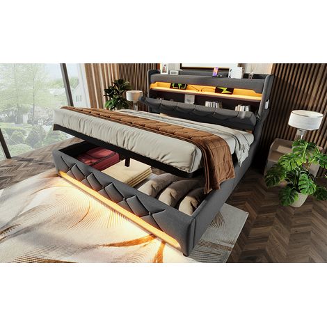 Cama tapizada 140x200 cm de lino gris con LED y almacenaje, para ordenar, sin colchón – MEUBLIV (1/5)