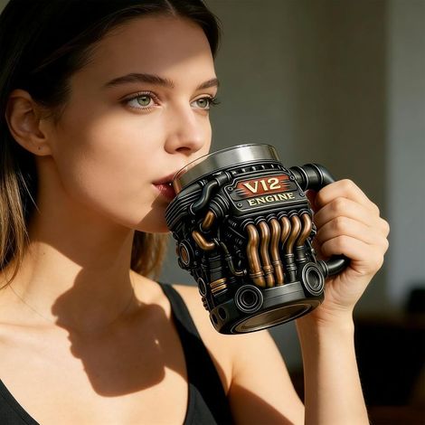 Kaffeetasse mit V12-Motor-Motiv, Kaffeetasse mit V12-Motor-Design, kreative Tassendekoration, Milchbecherhalter, Kaffeetasse mit detailliertem Design, Geschenk für Mechaniker (Schwarz V12) (1/4)