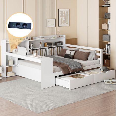 Sofá cama 140/200 cm blanco de madera con escritorio, estanterías y enchufe (1/5)