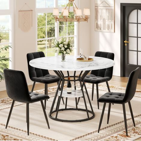 Esszimmer-Tisch- und Stuhl-Set aus MDF, Metall und Samt, schwarz, 100x100x76 cm, 5-teilig mit 4 Stühlen (1/5)