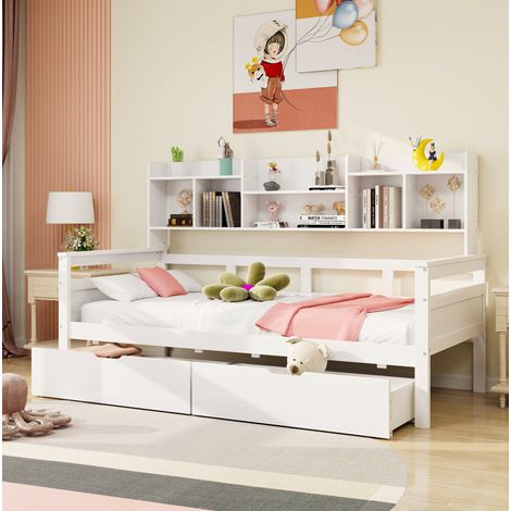 Lit banquette moderne 90x200 cm en bois et métal blanc, avec 2 tiroirs, rangements latéraux et sommier à lattes (1/5)