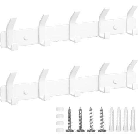 Lot de 2 Porte Manteaux Mural Blanc - 5 Crochets Antirouille par Patère, Crochet Mural pour Cuisine, Salle de Bain, Chambre