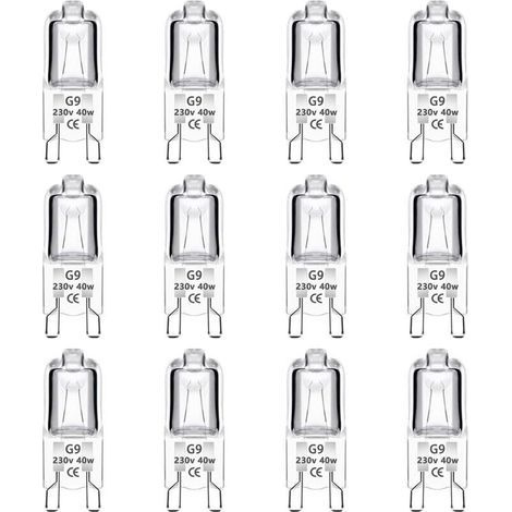 12er-Pack G9-Halogenlampen, 40 W, 230 V, dimmbar, 0–100 %, 480 lm, warmweiß (2700 K), G9-Sockel, flimmerfrei, für Backöfen, Kronleuchter, Gartenleuchten und Schrankbeleuchtung (1/5)