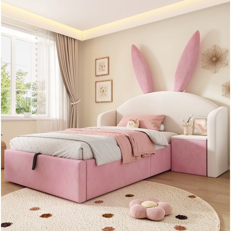 FLORAGRACE Lit enfant 90x200 cm en velours rose et beige, chevet réversible avec rangement, sans matelas (1/5)