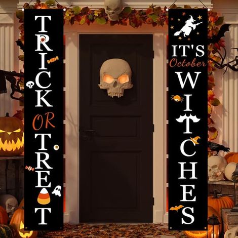 Bannières d'Halloween pour porche, à suspendre à l'intérieur ou à l'extérieur Bannières d'Halloween avec des motifs classiques « Des bonbons ou un sort » pour porche et porte d'entrée (1/5)