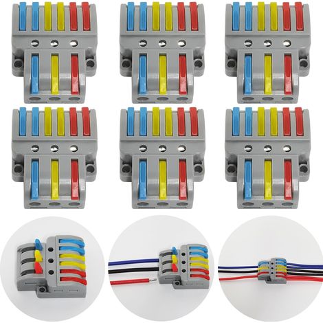 Connecteur Electrique, 6 Pcs Bornier Electrique, avec levier de fonctionnement, Compact Borne de connexion electrique Automatique, Avec vis de montage (3 in 6 out) (1/4)
