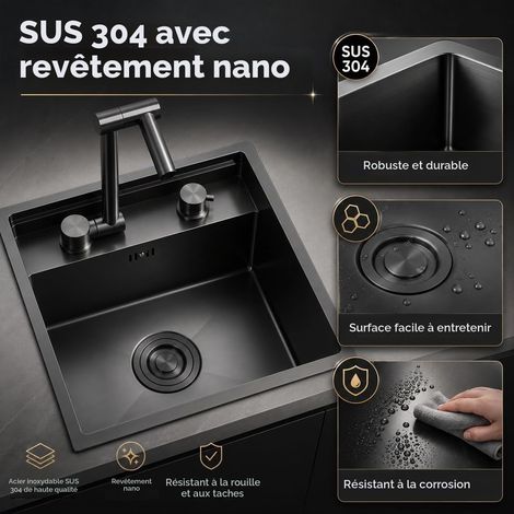 Évier de cuisine sous-plat 39 x 43 x 23 cm, lavabo invisible peu encombrant avec couvercle, évier en acier inoxydable avec robinet pliable, 1 bac à encastrer, pour bar, caravane (1/5)