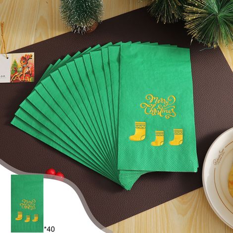 Serviettes De Fête - Serviettes En Papier Vert Avec Motif Chaussette De Noël Et Dorure - 40 Pièces - 16,5 x 20 cm (1/5)