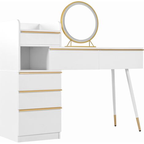 Tocador blanco con espejo LED regulable, 6 cajones y tablero extensible, 100 x 41,5 x 102 cm (1/5)