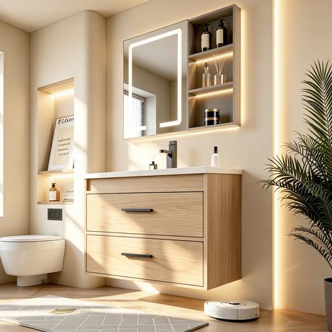 Meuble salle bain 75cm chêne clair, grand rangement 2 tiroirs, meuble vasque pratique, salle d'eau fonctionnelle, structure bois robuste et durable (1/5)