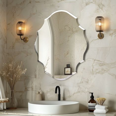 Scalloped Frameless Wall Mounted Bathroom Mirror Decorative Mirror Entrance Decor, Medium 56 x 71cm (1/5)