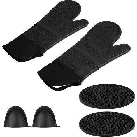 Gants de barbecue en silicone épais, résistants à la chaleur pour four micro-ondes, avec 2 pinces et 2 dessous-de-plat noirs (1/5)