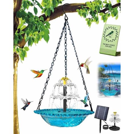 Baño colgante para pájaros con fuente solar, Bebedero solar para pájaros, Incluye cadena para colgar, Baño para pájaros de exterior, Azul (1/5)