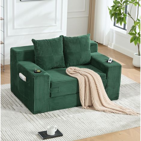 Canapé pouf fixe en tissu vert émeraude, 151 x 133 x 64 cm, avec 2 coussins, accoudoirs et poches latérales, charge 150 kg pour la détente – de FLORAGRACE (1/5)