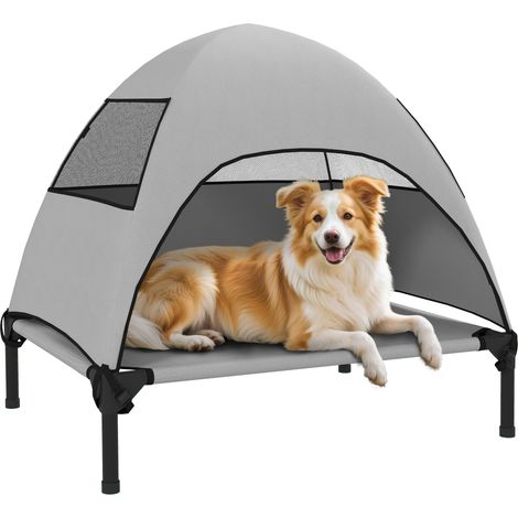 Hundeliege Outdoor mit Dach, Erhöhtes Hundebett für Mittelgroße Hunde, 76 x 61 x 71cm, Hellgrau (1/5)