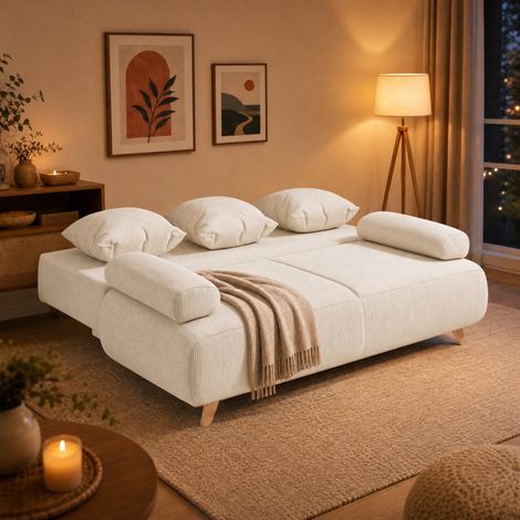 DESMIU Canapé Convertible 3 Places avec Dossier Réglable, Coffre de Rangement et 5 Coussins, en Bois Beige (1/4)