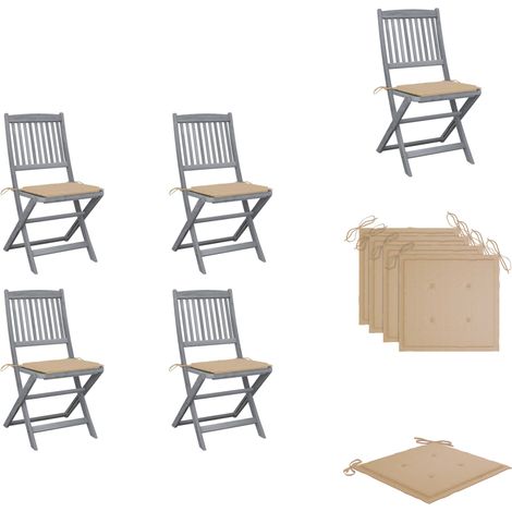 The Living Store Chaises pliables d'extérieur lot de 4 et coussins Bois d'acacia - Chaises de terrasse (1/5)