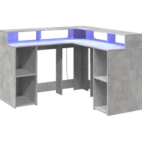 Bureau table poste de travail meuble d'ordinateur informatique étude et lumières LED 130 x 130 x 91cm bois ingénierie gris