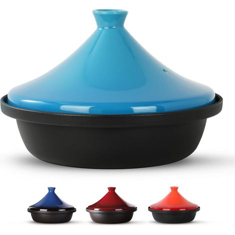 Tajine marocain pour la cuisine : faitout en fonte émaillée, mijoteuse, batterie de cuisine classique, tajine avec couvercle fermé en forme de cône en céramique, 3,3 l, bleu clair (1/5)