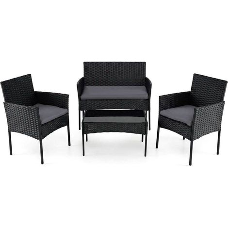 Rattan garden furniture set with 2 chairs, bench, table & cushions, seating group, garden furniture set, grey (1/2)