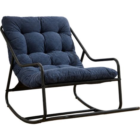 Poltrona a dondolo da esterno, cuscino spesso blu navy, struttura in acciaio nero (1/5)
