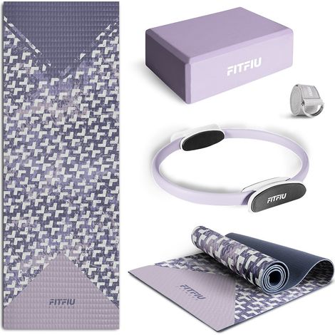 Pack da 4 accessori per yoga KITWELL-400 viola. Kit di accessori per yoga e pilates tra cui tappetino geometrico antiscivolo, blocco per yoga, cerchio per pilates e cinghia - FITFIU Fitness (1/5)