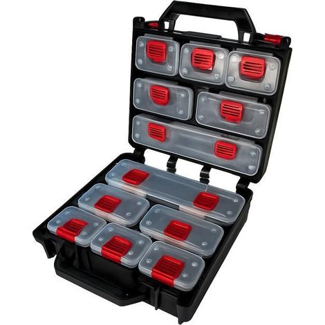 Boîte de rangement double face OUTIWAX 12 compartiments amovibles - noir/rouge, plastique résistant (1/5)
