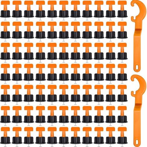 100 Pcs Systeme de Nivellement pour Carrelage, Nivellement Carrelage Réutilisables pour Carrelage, Carreaux de Céramique, Panneaux de Bois avec 2 Clés Spéciales