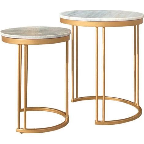 Ravi Marble Nest of 2 Tables - Mango Wood/Iron - L42 x W42 x H49 cm - Mango Light Finish