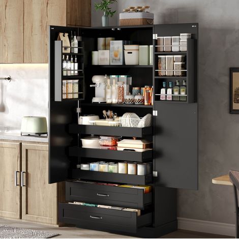 Aparador alto de cocina con 3 estantes deslizantes, 2 cajones y puertas, 80x37,5x180 cm, MDF negro (1/5)