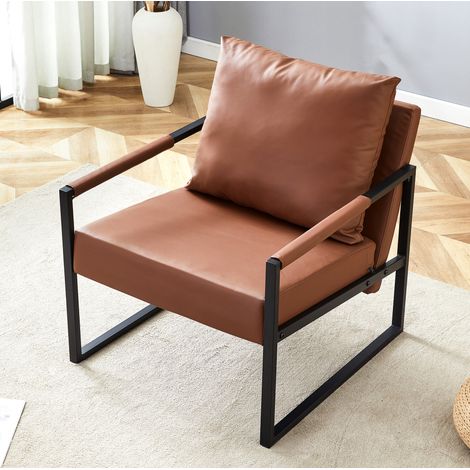 Sillón de lectura en PU marrón con estructura de metal negro 75,4 x 68,5 x 69 cm OKMYHOME (1/5)