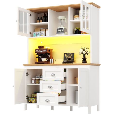 Buffet haut de cuisine Blanc,meuble moderne avec LED,avec 4 portes,3 tiroirs,plan de travail,120x40x179cm,cuisine,salon (1/5)