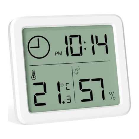 Mini termometro digitale da interni, igrometro portatile professionale con ampio display e orologio, termometro bianco preciso, igrometro per casa, cameretta bambini, serra, ufficio (1/5)