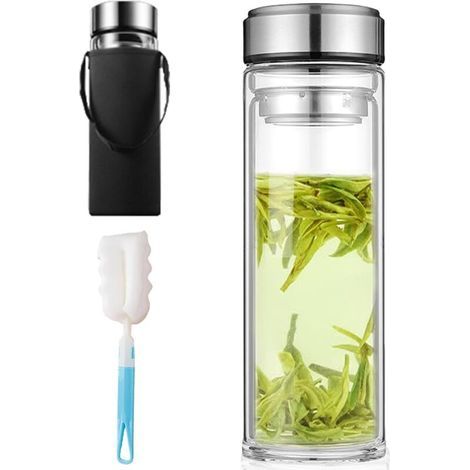 Bouteille en verre de 1 litre, gourde à double paroi de 1 l, gourdes avec brosse, ensembles de tasses, bouteille à thé avec passoire à emporter (1/5)