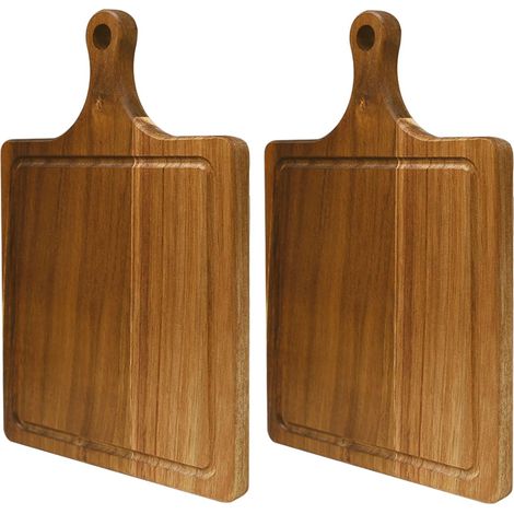 2 Pcs Planche à Découper Bois Acacia avec Poignée et Rainure (1/5)