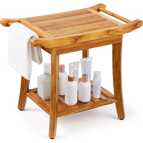 VEVOR Panca per Doccia in Teak 560 x 365 x 470 mm Sgabello per Doccia in Legno Impermeabile con Maniglia per Ripiano e Piedini Antiscivolo, Capacita di 136,1 kg per Bagno per Uso Interno ed Esterno (1/5)