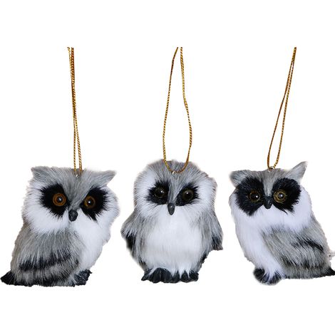 Set mit 3 realistischen Eulen, Weihnachtsgeschenk, Tiermodell, Weihnachtsbaumschmuck, Partydekoration (grauer Haken, 3 Stück) (1/2)