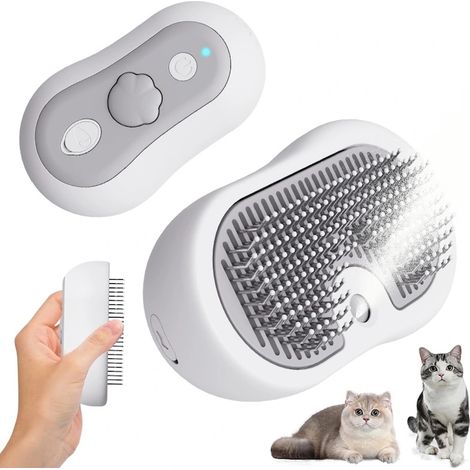 Miraza 3-in-1 Dampfbürste für Haustiere, gebogene Stahlborsten, kratzfeste Silikonspitze, entwirrt Fell, massiert, selbstreinigend, USB-C-Ladeanschluss, Weiß (1/5)