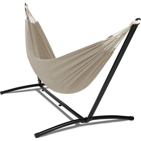 Idmarket – Hamac sur pied avec support métal noir – Toile taupe 200x150cm – Charge maximale 120kg – Sac de transport inclus