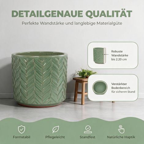 Hochwertiges Steinzeug mit handgefertigter Hochglanzglasur Ø24,5cm kompakter Keramik Pflanztopf mit (1/5)