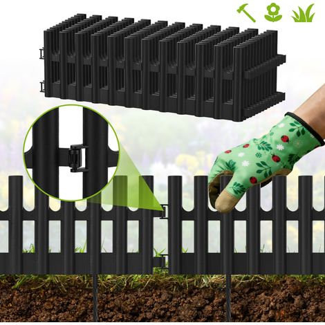 Wolketon Beeteinfassung 5,2m – 12er Set 43x13cm Beetumrandung aus flexiblem Kunststoff – Rasenkante Palisade Zierzaun – schwarz inkl. 24 Erdankern (20cm)