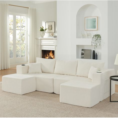 Sofá de esquina modular de 3 plazas, otomanas móviles, cordón beige HAVRYA (1/5)