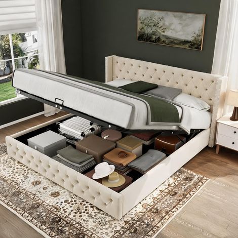 Cadre de lit beige en velours 82,3 x 66,9 x 37,2 cm (1/5)