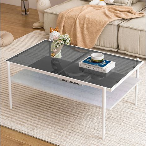 Table basse 97.5x61.5x45 cm gris et blanc en MDF et verre trempé avec rangement (1/5)