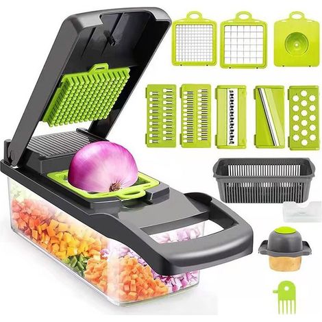 Linghhang – Coupe-légumes multifonction 16 en 1 – Lames interchangeables en acier inoxydable – Pour trancher, râper et couper légumes rapidement (1/5)
