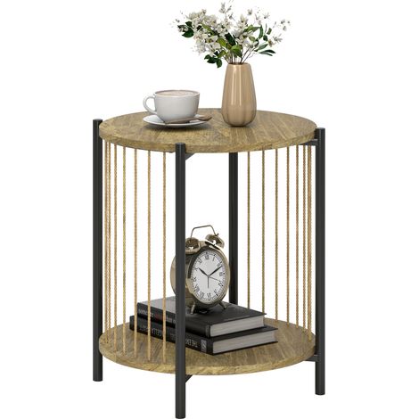 Beyamis Runder Beistelltisch mit zwei Ebenen, Ablage und Stahlgestell für Wohn- und Schlafzimmer, 43,5 x 43,5 x 51 cm, Natur