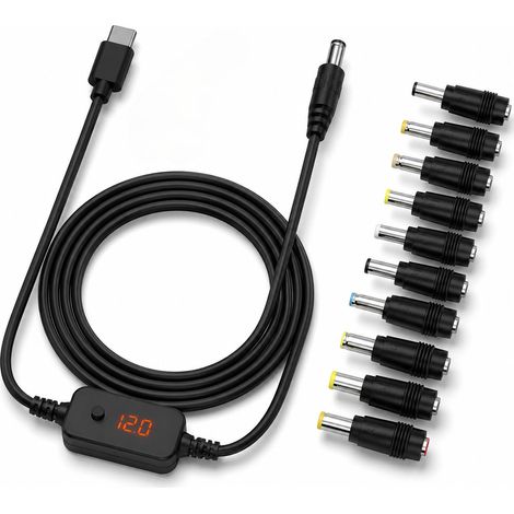 Câble Adaptateur USB-C vers DC 60W 1m, Tension Réglable 5V/9V/12V/15V/20V avec 8 Connecteurs DC, Chargeur Universel PC Portable, Adaptateur 9V DC et Câble DC 5V pour Routeur (1/5)