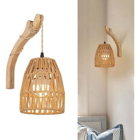 Applique murale en rotin tressé pour chambre, sans câblage, alimentée par piles, fixation murale, ampoule non incluse, E27 (1/4)